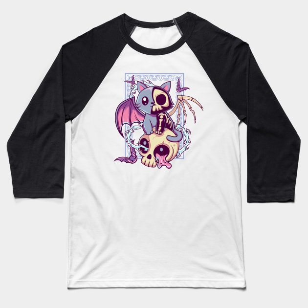 Skull Cat Kawaii Gothic Baseball T-Shirt by DionArts